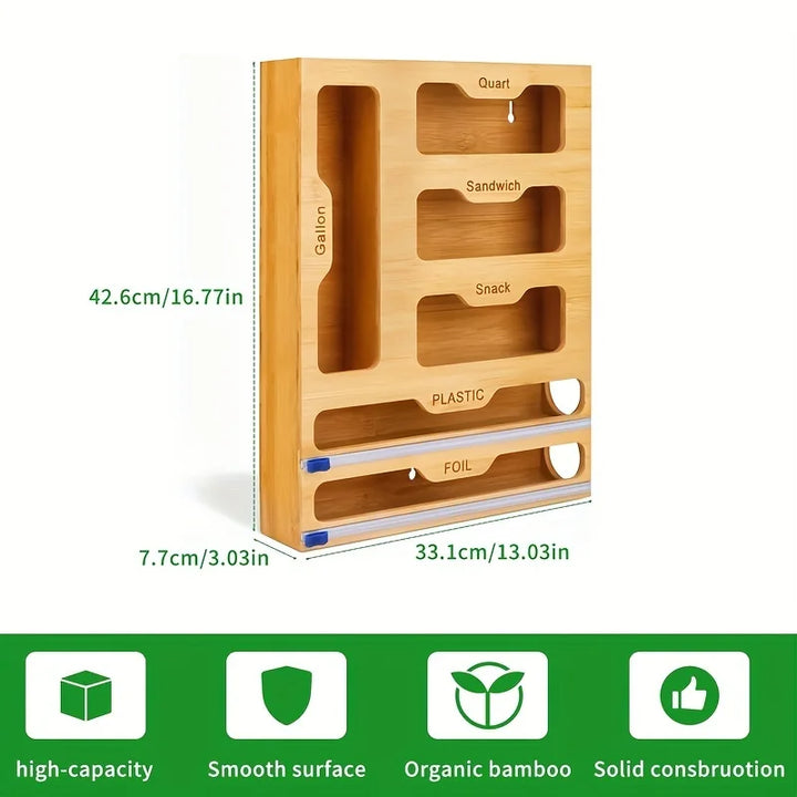 Bamboo Kitchen Storage Organizer & Wrap Dispenser – Neat, Tidy, Efficient
